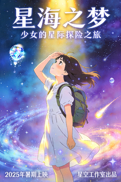 动画电影《星海之梦》海报，梦幻星空与少女探险